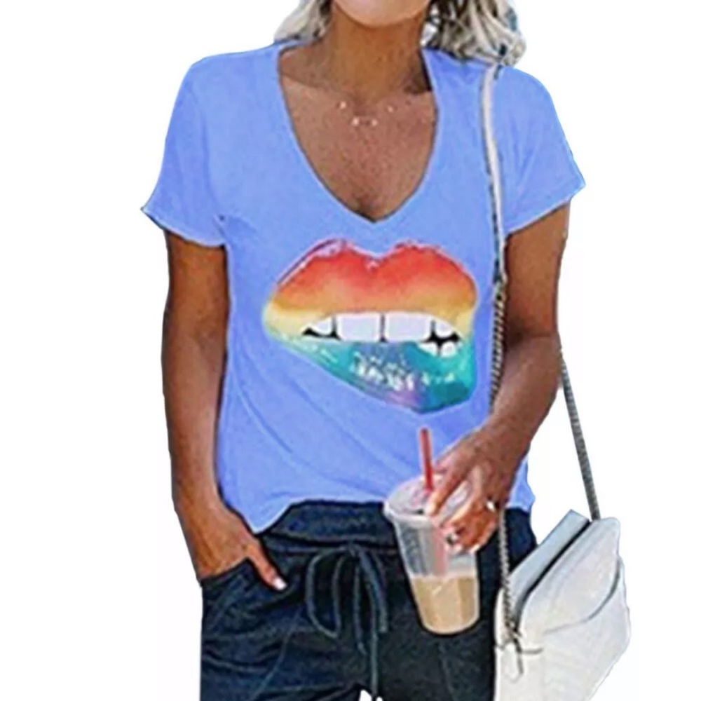 Blue V Neck Sexy Mouth Lips Graphic Print T Shirt Tee Top TP4104